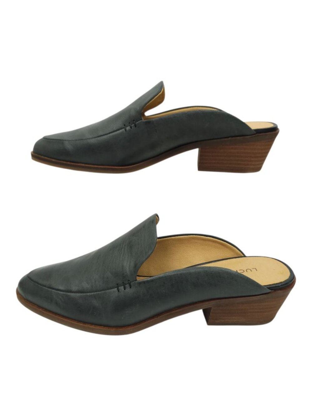 Lucky Brand Margrete Mule Women 7.5 Dark Gray Leather Loafer Slides Stacked Heel